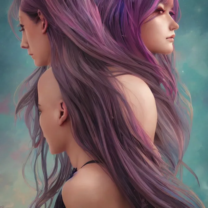 Image similar to portrait of beautiful symmetrical anime girl, rainbow hair, attractive, casual, modern, victoria's secret, highly detailed, digital painting, artstation, concept art, smooth, sharp focus, illustration, art by artgerm, greg rutkowski and alphonse mucha, 8 k,