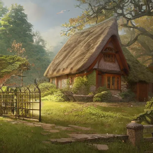 Image similar to concept art painting of an english european cottage with japanese architecture, in the woods, cozy, realistic, detailed, cel shaded, in the style of makoto shinkai and greg rutkowski and james gurney