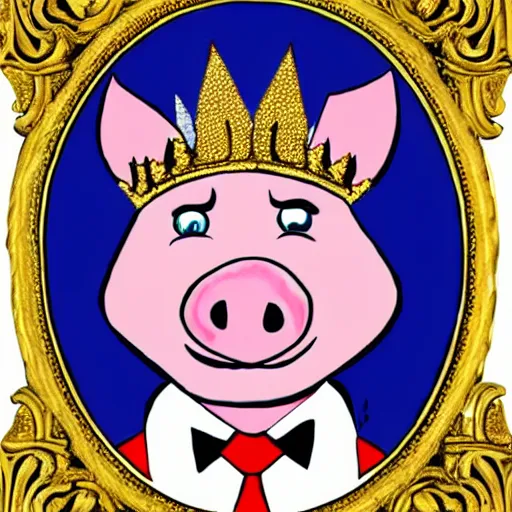 Prompt: a pig wearing a gold crown in the style of Chuck Jones