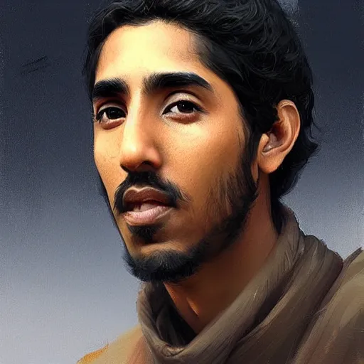 Image similar to “Portrait of Dev Patel by Greg Rutkowski, young, attractive, highly detailed portrait, scifi, digital painting, artstation, concept art, smooth, sharp foccus ilustration, Artstation HQ”