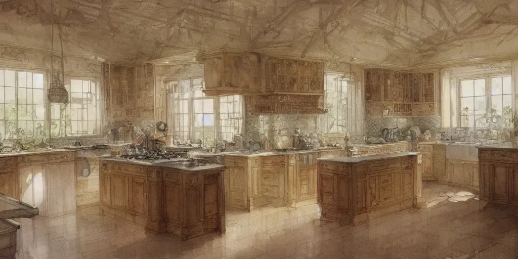 Prompt: a hiper intricate watercolor of a beatiful modern kitchen, being built piece by piece, almost done, fibonacci, intricate, highly detailed, digital painting, artstation, concept art, extremely detailed, sharp focus, wide view, smooth, digital illustration, colorfull, by william turner art, by greg rutowski, by carl larson, by edmund dulac