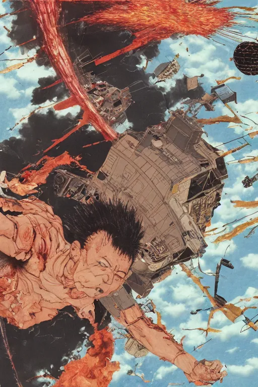 Prompt: full page detailed color illustration of tetsuo destroying a satellite, by Katsuhiro Otomo, 8k, hd, high resolution print