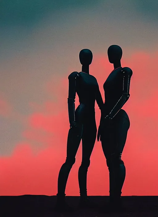 Image similar to cinestill 5 0 d photographic portrait of two loving female androids wearing rugged black cutout waist techwear on a desolate plain with a red sky, extreme closeup, modern cyberpunk, dust storm, 8 k, hd, high resolution, 3 5 mm, f / 3 2, ultra realistic faces, ex machina, blade runner