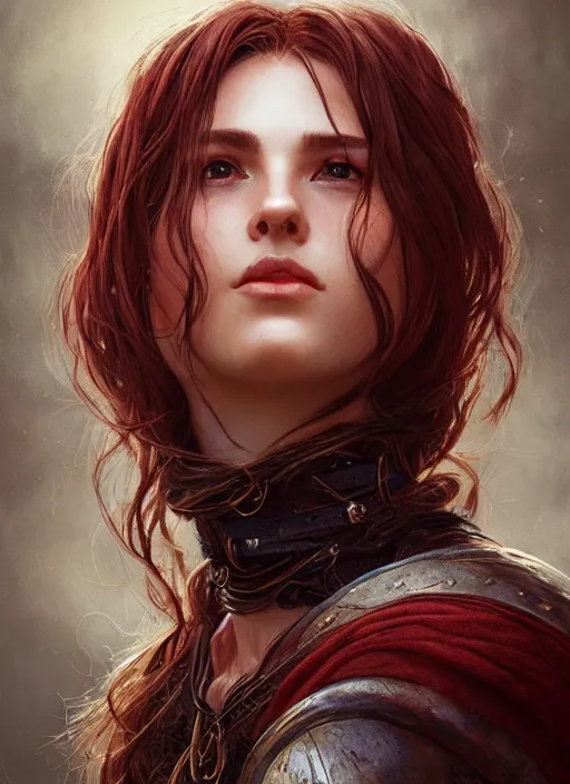 Image similar to vertical portrait of a ruggedly handsome female cleric, soft hair, close - up face, leather, witchy, d & d, fantasy, intricate, elegant, highly detailed, digital painting, artstation, concept art, smooth, sharp focus, illustration, art by artgerm and greg rutkowski and alphonse mucha, plain red background