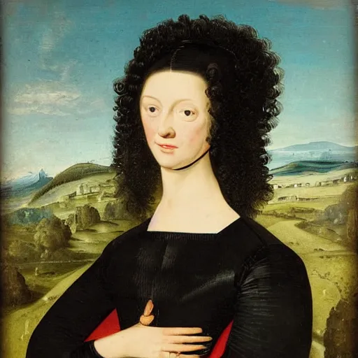 Prompt: young woman from the year 1 5 0 0, seated in front of a landscape background, her black hair is fine curly, she wears a dark green dress pleated in the front with yellow sleeves, puts her right hand on her left hand and smiles slightly, oil painting