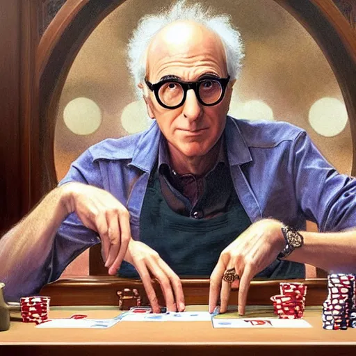 Image similar to larry david playing poker with woody allen, elegant, intricate, digital painting, artstation, concept art, smooth, sharp focus, illustration, art by artgerm and greg rutkowski and alphonse mucha