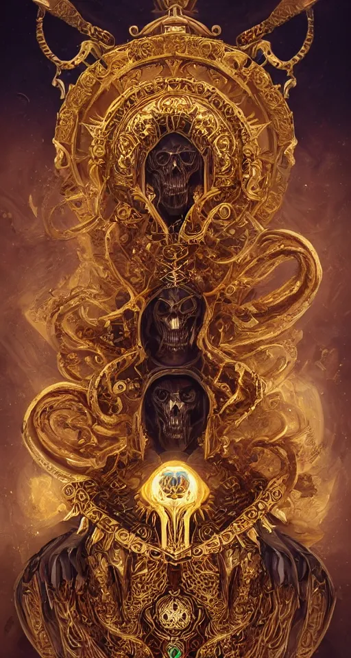 Prompt: a portrait of the thanatos the emperor of death wearing an ornate headdress made of gold metal and mandalas, surrealism, smooth, intricate, elegant, galactic energy, death and dying, golden glow, digital painting, artstation, concept art, high tech fantasy, sharp focus, illustration, art by jason chan and riot studios and blizzard studios