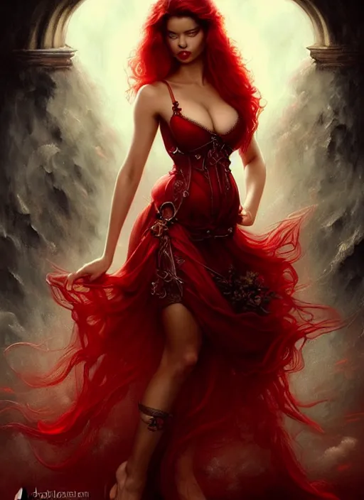 Image similar to a beautiful woman with baroque dress, red hair, adriana lima, painted by artgerm and tom bagshaw, fantasy art, dramatic lighting, highly detailed oil painting