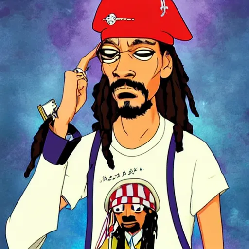 Image similar to Snoop Dogg as a Captain Jack Sparrow, Anime poster, in hayao Miyazaki style, studio Ghibli