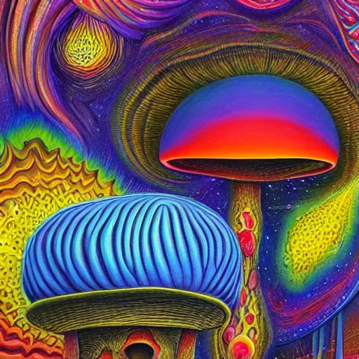 Prompt: mushroom universe by Alex Gray, oil painting, cosmic, ethereal, highly detailed, psychedelic, fractcal, low contrast, trending on artstation