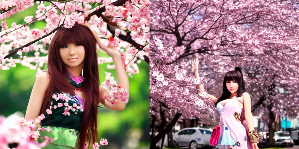 Image similar to Pretty japanese gyaru with Sakura tree blooming on background