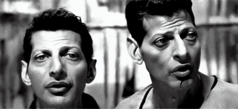 Image similar to film still of jeff goldblum in the pit and the pendulum ( 1 9 6 1 ) in the style of cronenberg, pathecolor, 4 0 mm panavision wide - angle lens