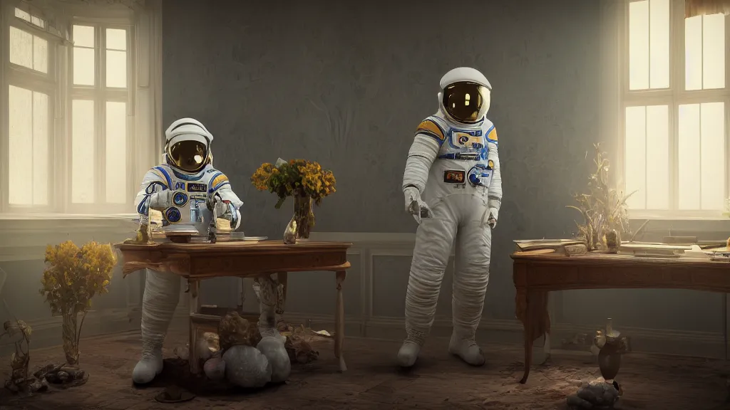 Prompt: a cosmonaut in a spacesuit sits at an old wooden desk with a flower vase, in a richly decorated Victorian house. the autumn light comes in through a window and dimly illuminates the room, diffuse light, octane render