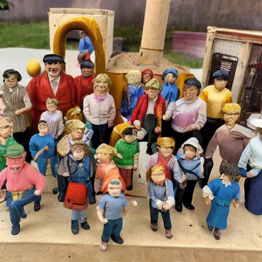 Image similar to photo of several miniature humans with various occupations. The tiny humans are all living inside a town that is inside a 1970s jellied salad