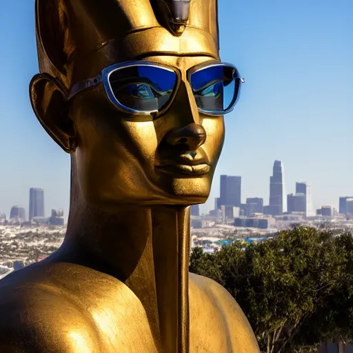 Prompt: a portrait of a statue of the Egyptian god Anubis wearing aviator goggles, white t-shirt and leather jacket. The city of Los Angeles is in the background. hi-res dslr photograph