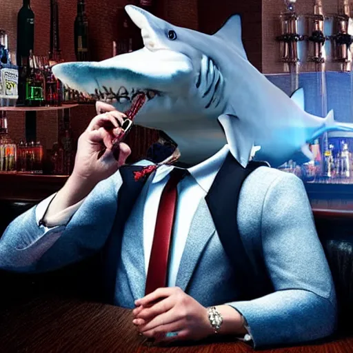 Prompt: a man with a shark head dressed in a suit, sitting at a bar and smoking hookah, photorealistic, artstation