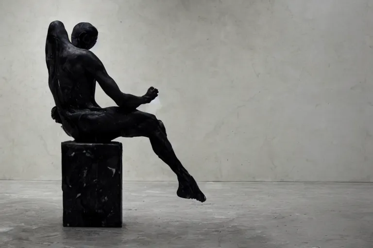 Image similar to a sculpture of a person sitting on a chair, a white marble sculpture covered with floating wax by nicola samori, behance, neo - expressionism, marble sculpture, apocalypse art, made of mist