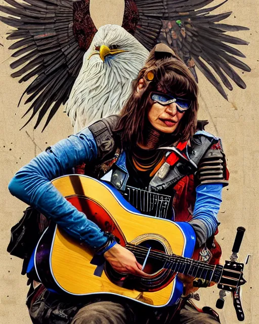 Image similar to a portrait of an anthropomorphic cyberpunk eagle strumming an acoustic guitar by sandra chevrier, by jon foster, detailed render, tape deck, epic composition, cybernetics, 4 k realistic, cryengine, realistic shaded lighting, sharp focus, masterpiece, by enki bilal