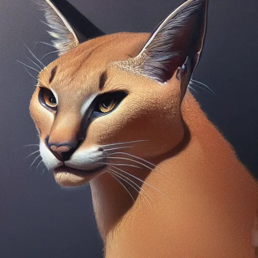 Prompt: portrait of caracal cat. elegant, highly detailed, digital painting, artstation, concept art, smooth, sharp focus, illustration, art by artgerm and greg rutkowski and alphonse mucha