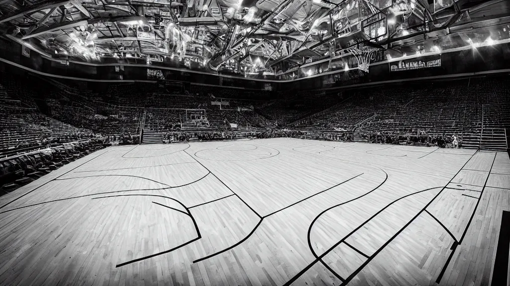 Image similar to a photograph the basketball court at the united center, in the styles of cameron look, andrew bernstein, and ansel adams. intricate, hyperrealistic, monochrome hdr, accurate court