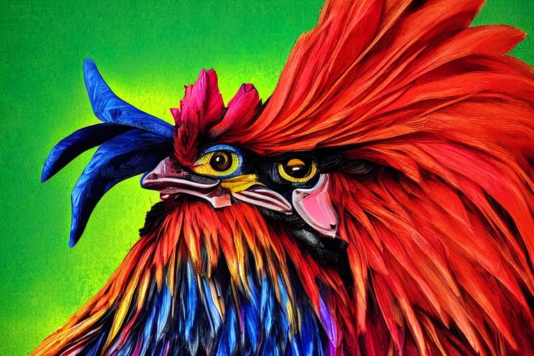 Image similar to digital painting of an ominous rooster with feathers of many colors, by javier medellin puyou and tim lord, portrait, sharp focus, colored feathers, jungle