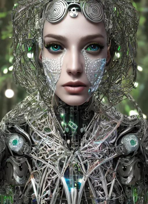 Image similar to beautiful female robot covered by plants and crystals in the mystical forest, beautiful symmetrical face, chrome parts, opal crystals, renaissance style, cyber punk, sci - fi, filigree jewellery, baroque, cinematic light, mystical shadows, 8 k, octane render