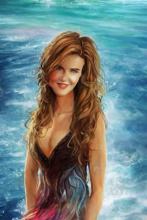 Image similar to portrait of a mix of beautiful young maria shriver, mariel hemmingway, brooke shields, nicole kidman and elle macpherson as a mermaid, thin lips, hair tied up in a pony tail, colorful artstation, cgsociety