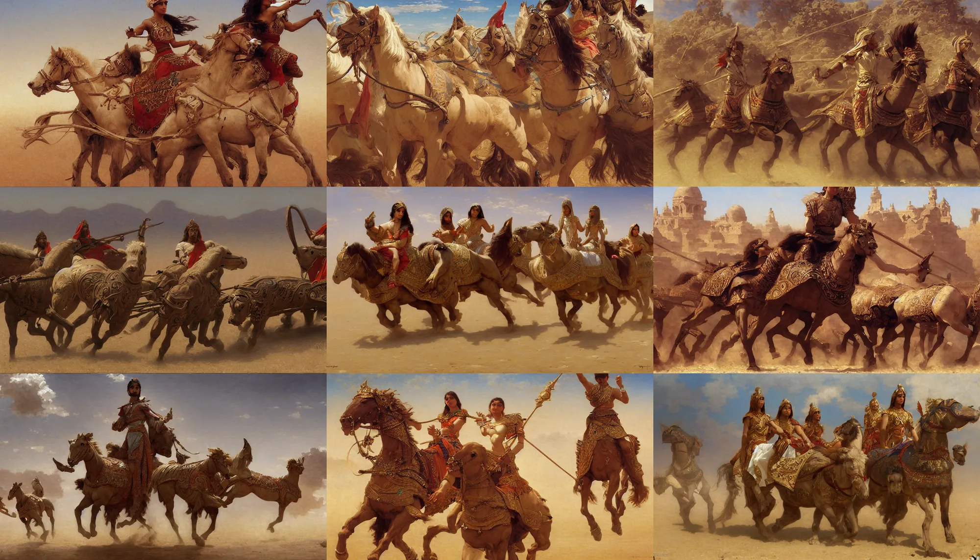 Prompt: assyrian chariots, steppe, intricate, elegant, highly detailed, digital painting, artstation, concept art, smooth, sharp focus, illustration, orientalism, bouguereau, rutkowski, mucha