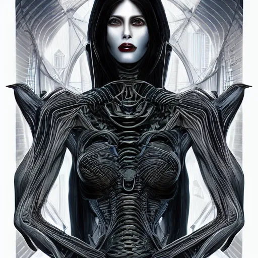 Image similar to Tall, beautiful, slender female witch with dark hair, futuristic, alien cityscape, intricate detail, symmetrical facial features, naturally proportioned body, photorealism,