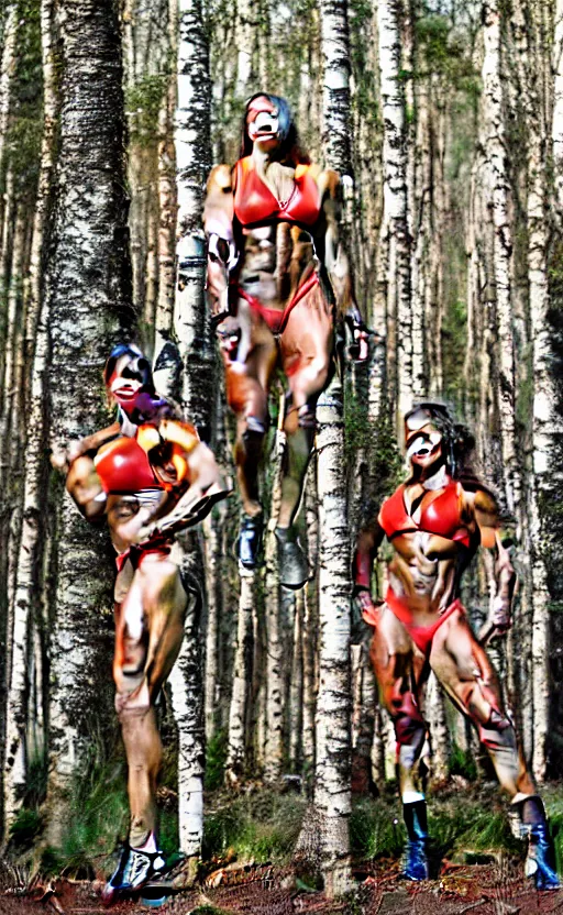 Prompt: photo of several female bodybuilders posing in a birch forest, beautiful detailed face, ultra realistic, concept art, intricate details, serious, highly detailed, photorealistic, octane render, 8 k, unreal engine, art by todd mcfarlane