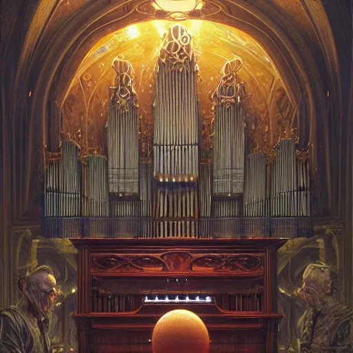 Image similar to hd, realistic anthropomorphic pipe organ, fantasy science fiction, glowing electric aura, by donato giancola and greg rutkowski and wayne barlow and zdzisław beksinski, realistic face, visible face, digital art, artstation, symmetry