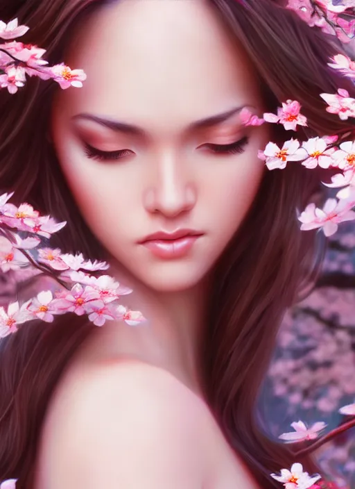 Image similar to photo of a gorgeous female in the style of stefan kostic, realistic, half body shot, sharp focus, 8 k high definition, insanely detailed, intricate, elegant, art by stanley lau and artgerm, extreme blur cherry blossoms background