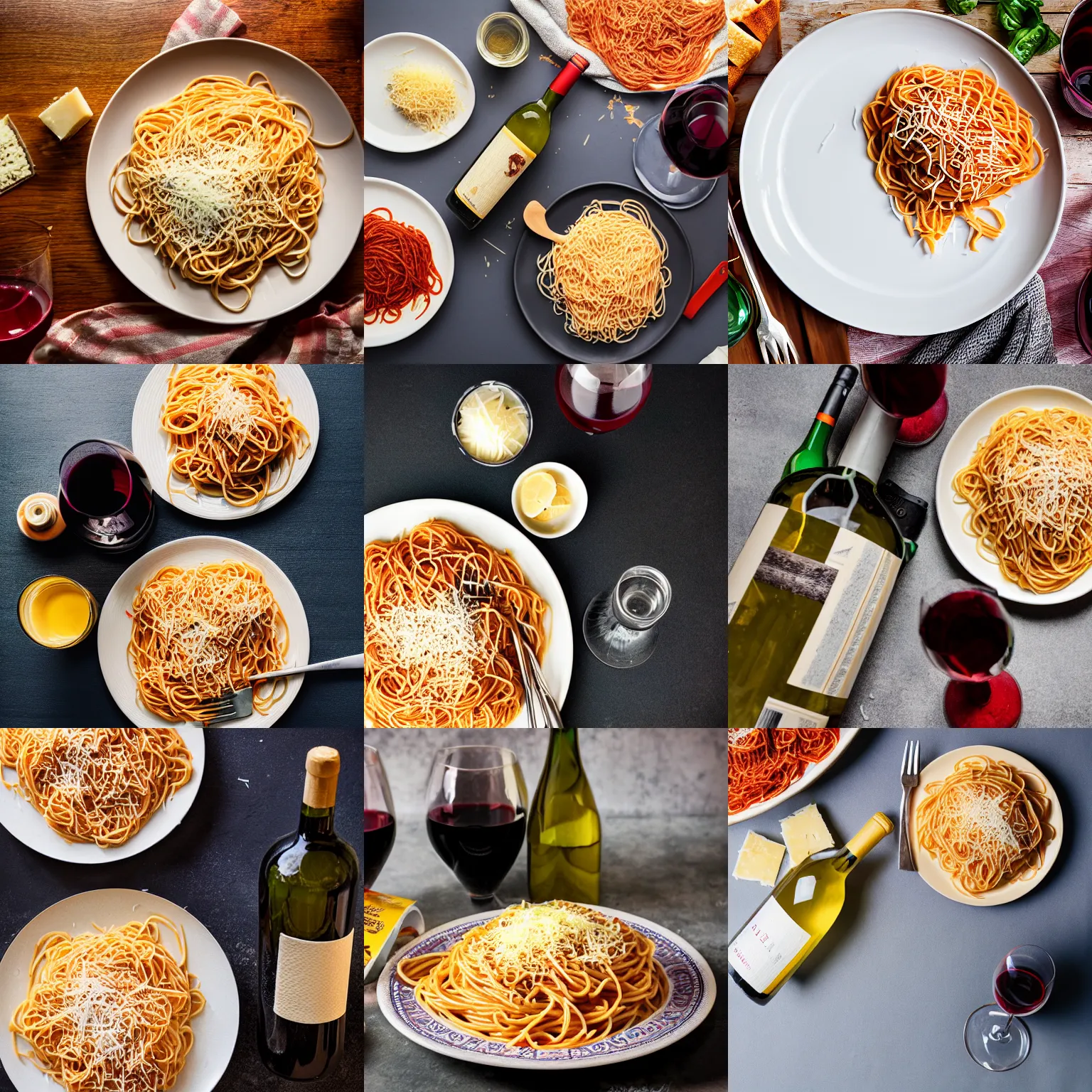 Prompt: a plate of spaghetti, a bottle of wine, lots of parmesan, food photography