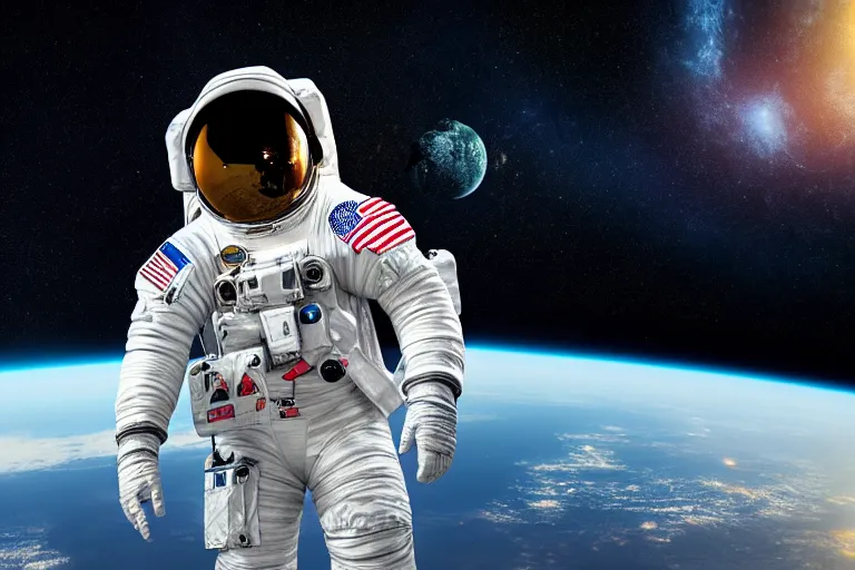 Prompt: astronaut in space wearing a spacesuit floating, earth in background, highly detailed, photorealistic portrait, bright studio setting, studio lighting, crisp quality and light reflections, unreal engine 5 quality render