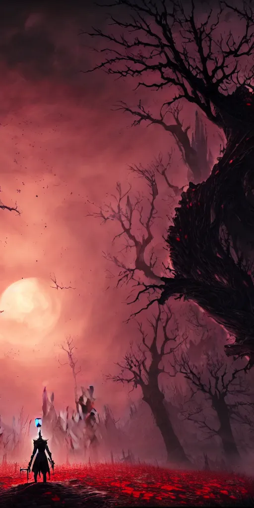 Image similar to abandoned bloodborne old valley with a person at the centre and a ruined city at the end, trees and stars in the background, falling red petals, epic red - orange moonlight, perfect lightning, illustration by niko delort and kentaro miura, 4 k, ultra realistic