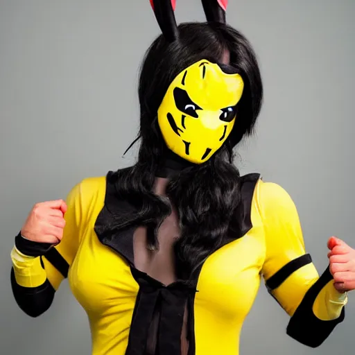 Image similar to woman dressed up as mortal kombat pikachu, cosplay, fashion portrait by Bruce Webber