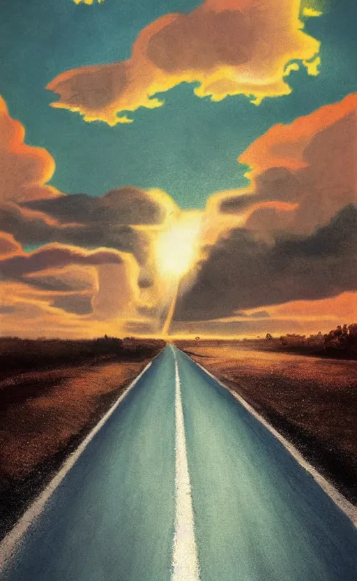 Prompt: paperback book cover. 1 9 5 0 s. pure colors, melting clouds, accurately drawn details, a sunburst above a receding road with the light reflected in furrows and ruts, after rain. photorealistic. octane render. cinematic. trending on artstation. textless.