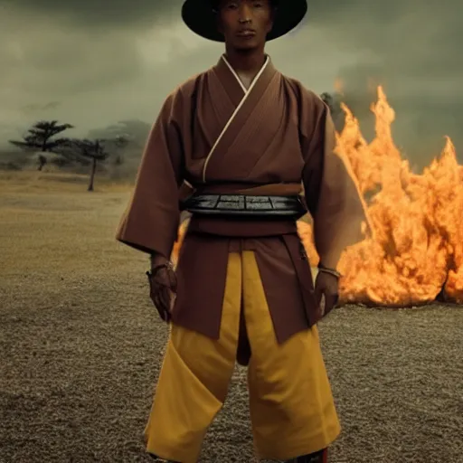 Image similar to cinematic film still Pharrell Williams starring as a Samurai holding fire, Japanese CGI, VFX, 2003, 40mm lens, shallow depth of field,film photography