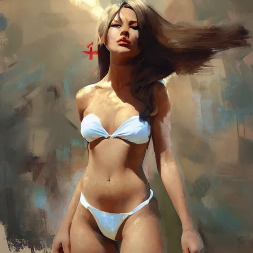 Image similar to greg manchess portrait painting of a 2 yorha type a no. 2 in a bikini, white long hair, organic painting, sunny day, matte painting, bold shapes, hard edges, street art, trending on artstation, by huang guangjian and gil elvgren and sachin teng