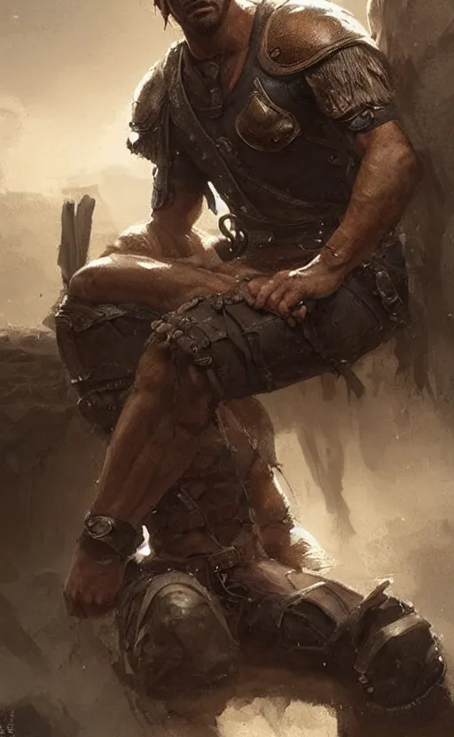 Image similar to Portrait of a rugged ranger sitting down, male, muscular, straight nose!!!, detailed face, handsome face, bare thighs!!!, simple clothing!!!!!, fantasy, medieval, highly detailed, cinematic lighting, digital art painting by greg rutkowski