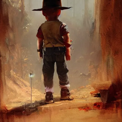 Image similar to the doll chucky playing this role of indiana jones, oil painting, by greg rutkowski