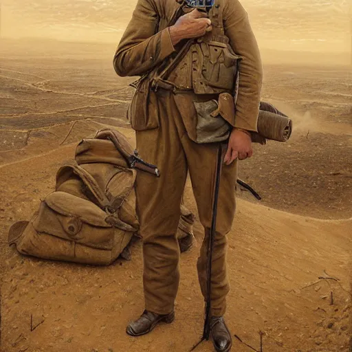 Image similar to a detailed photorealistic sepia - toned color portrait painting of a 1 9 1 7 worried clean - shaven british lieutenant in field gear from the arab bureau in wadi rum, ultra realistic, intricate details, atmospheric, dark, brooding, highly detailed, by clyde caldwell