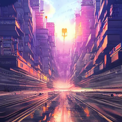 Image similar to mumbai in the future, city streets, golden hour, distopian fantasy, trending on pixiv