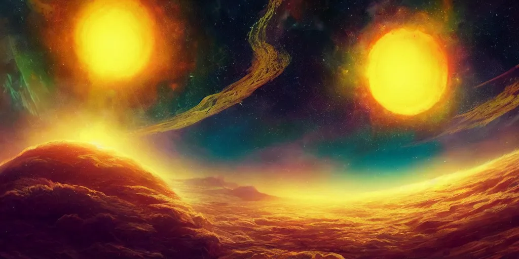 Image similar to a detailed matte painting of a marble - like water planet with continents orbiting a yellow sun in a sea of stars surrounded by colorful swirling gas clouds, by petros afshar and alena aenami, trending on artstation, deviantart, planet, clouds, earth, exoplanet, stars, nubulae hubble, 8 k, 4 k