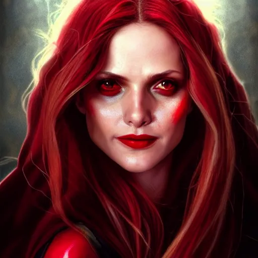 Prompt: Scarlet witch marvel, Sarah Michelle Gellar, evil smile, realistic character concept, medium shot, fun pose, comic book, illustration, slender symmetrical face and body, cinematic lighting, high resolution, Charlie Bowater, Norman Rockwell, symmetrical eyes, single face, insanely detailed and intricate, beautiful
