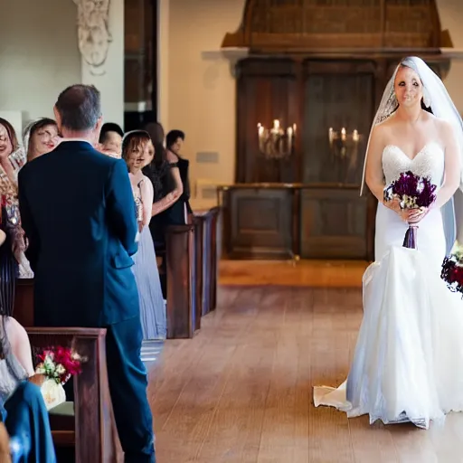 Prompt: Bride walks down the isle, sheer wedding dress, photo