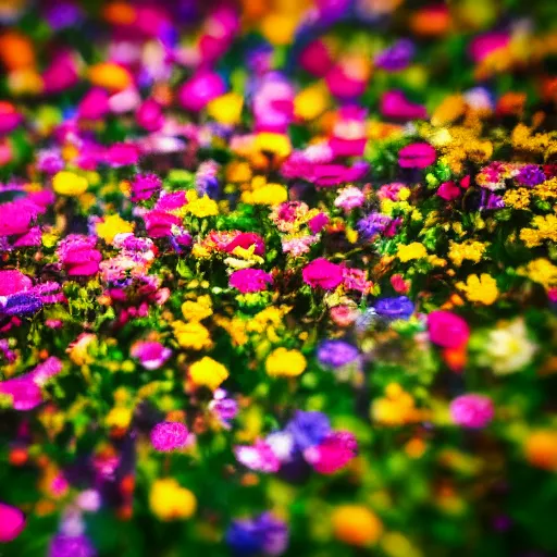 Image similar to In focus colorful flowers blossoming, climax, overwhelming, brilliant, surreal, cinematic, epic, 8k, sharp focus, color grain 35mm, tilt-shift, dslr