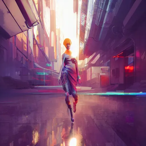 Prompt: cyberpunk, a beautiful young girl hiding in grey alley surrounded by colorful glass buildings, flying cars, golden ratio, volumetric lighting, reflective, artstation,