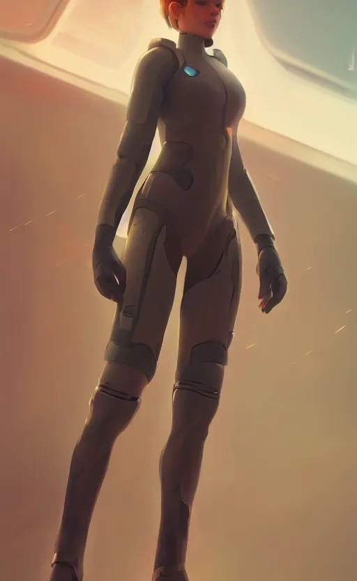 Prompt: sci fi female character, muted colored bodysuit, sci-fi large mech boots that go up to the thigh, soft lighting, wojtek fus, by Makoto Shinkai and Ilya Kuvshinov,