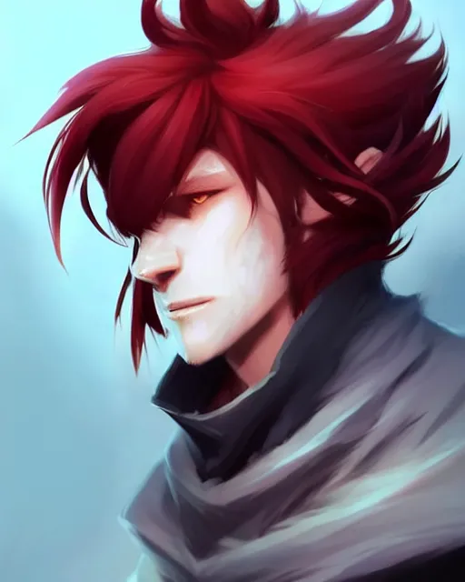 Image similar to character concept art of a black anthropomorphic male wolf long red hair | | cute - fine - face, pretty face, key visual, realistic shaded perfect face, fine details by stanley artgerm lau, wlop, rossdraws, james jean, andrei riabovitchev, marc simonetti, and sakimichan, trending on artstation